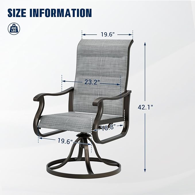 UDPATIO Patio Swivel Dining Chairs Set of 4, Outdoor Swivel Chairs High Back with Padded All Weather Textilene Metal Rocking Frame for Lawn Garden Backyard, Grey White