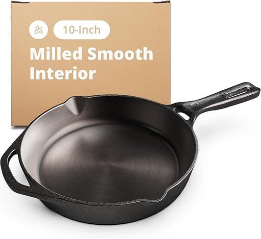 Greater Goods 10-Inch Cast Iron Skillet, Organically Pre-Seasoned, Heavy-Duty Pan for Frying, Baking, Grilling, Indoor and Outdoor Cooking