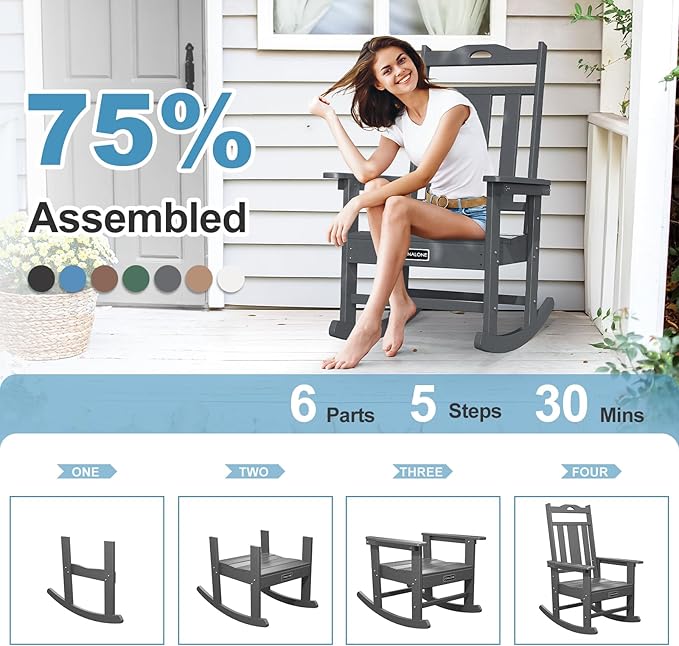nalone Outdoor Rocking Chair, Oversized Porch Rocker Chair for Adult, All-Weather Resistant Patio Rocking Chair for Garden Lawn(Grey)