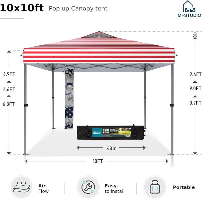 MFSTUDIO Pop Up Canopy Tent, 10x10 Outdoor Canopies One Person Push Set Up Tent Instant Portable Shelter Tents with Vented Top, Storage, 4 Sandbags, Beach Canopy, Red Stripe