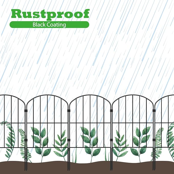 OUSHENG 25 Panels Metal Garden Fence 27ft x 24in - Rustproof Decorative Wire Fencing for Outdoor Yard, Flower Bed, Patio | Arched Animal Barrier & Landscape Edging (Black)