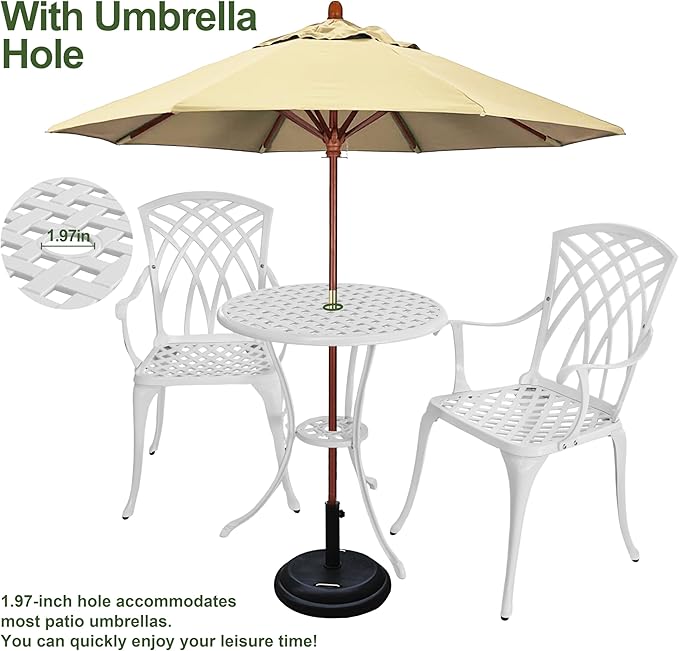 3 Piece Patio Bistro Set, Outdoor Cast Aluminum Bistro Table and Chairs Set of 2 with Umbrella Hole, All Weather Resistance Metal Bistro Table for Front Porch Set,White