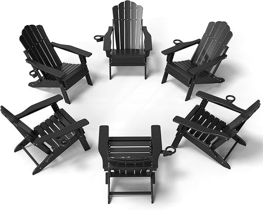 FOOWIN Adirondack Chair Set of 6, Folding Adirondack Chair with Cup Holder, HDPE All-Weather Fire Pit Chair for Patio, Garden, Backyard, Poolside, Black