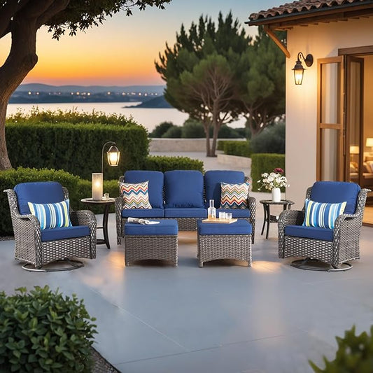 ovios 6-Pieces Patio Furniture Set with Swivel Chairs, Outdoor Wicker Sofa Couch Gliders Rocker Comfy Cushions, High Back Modern Conversation Set, Brown Rattan, Navy Blue