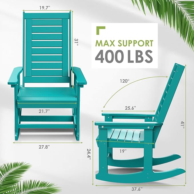 GREENVINES Outdoor Rocking Chairs | Porch Rocker | HDPE Plastic | Aqua | Oversized Rockers | High Back | Big & Tall | Ladder Back | for Patio Outside Backyard Balcony Garden