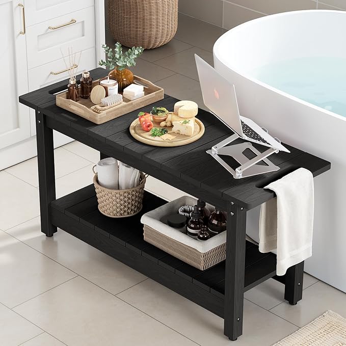 Stoog 35.5" Large Shower Bench, Waterproof Shower Stool with Storage Shelf and Handles, Adjustable and Non-Slip Feet, Shower Chair for Inside Shower, Black