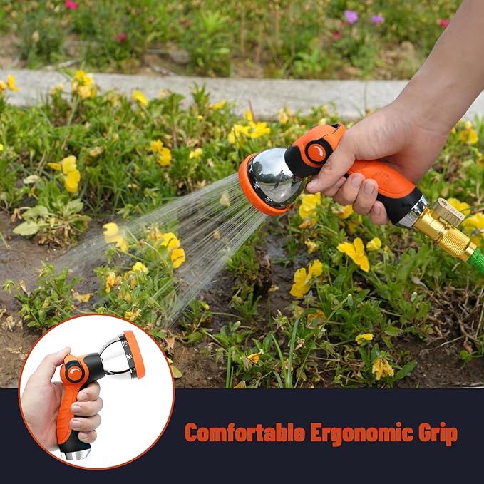 Garden Hose Nozzle, Hose Sprayer Nozzle with 10 Spray Patterns, Thumb Control On Off Valve, High Pressure Metal Water Hose Nozzle for Car Wash, Plants, Pets & Outdoor Cleaning, Orange