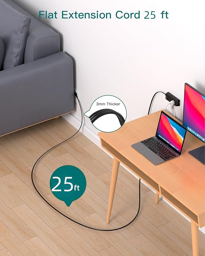 Flat Extension Cord 25 ft, Addtam Flat Plug Power Strip with 6 Outlets Extender, Long Extension Cord with Multiple Outlets, Wall Mount for Home Dorm Room Essentials, Black