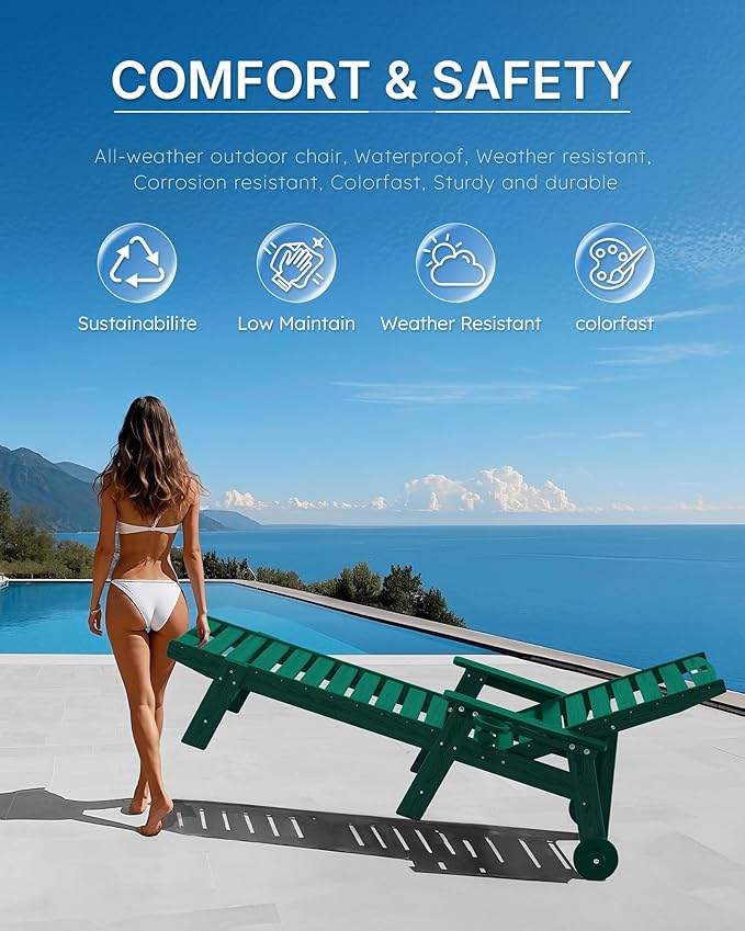 Chaise Lounge Chair Outdoor with Wheels, Oversize Patio Lounge Chairs with Wood Texture, 5-Position Plastic Lounge Chairs Set of 2-Green(Separate Delivery)