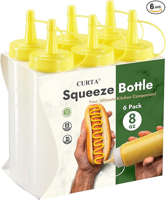 CURTA 6-Pack 8 oz Clear Squeeze Bottle with Cap, BPA-Free Easy-to-Squeeze Plastic Condiment Dispenser with oz & ml Markings for Sauce, Oil, Dressing, Dishwasher Safe, Yellow