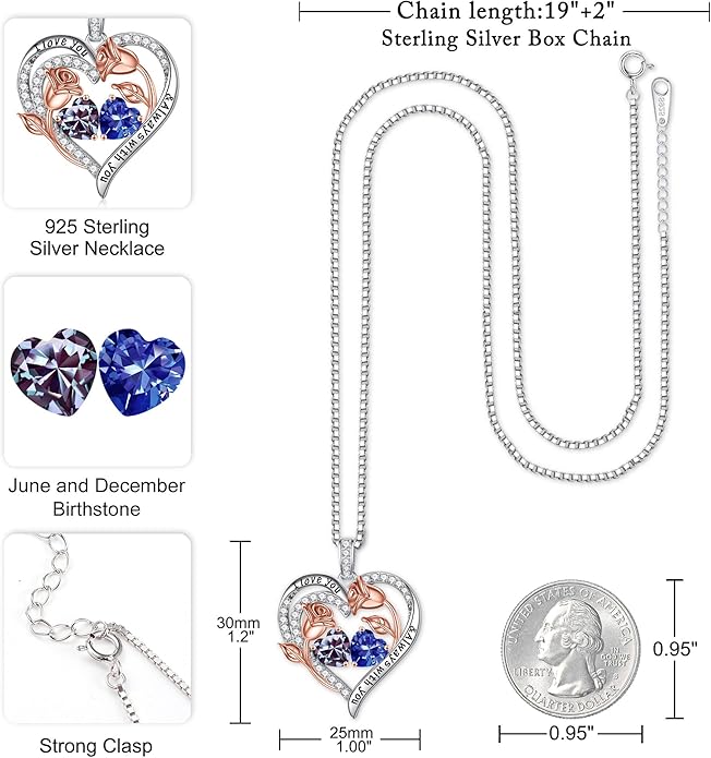 Iefil Christmas Gifts for Women Wife - 925 Sterling Silver Rose Heart Birthstone Necklace Birthday Anniversary Jewelry Gifts for Her Wife Mom Daughter
