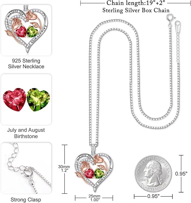 Iefil Christmas Gifts for Women Wife - 925 Sterling Silver Rose Heart Birthstone Necklace Birthday Anniversary Jewelry Gifts for Her Wife Mom Daughter
