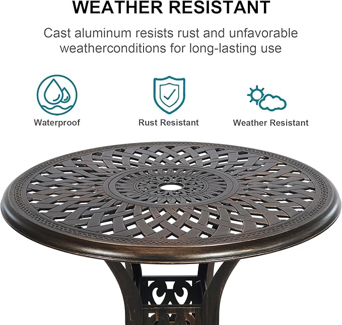 3 Piece Outdoor Dining Set,Cast Aluminum Bistro Set with Umbrella Hole, All Weather Patio Furniture Set, Small Patio Dining Set for Garden/Balcony/Deck, Bronze