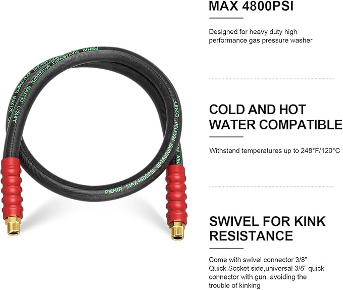 POHIR Pressure Washer Whip Hose 5FT, Reel Connector 248°F Hot/Cold Water Jumper Hose 3/8" with Quick Connect Adapter, Industry Grade Steel Wire Braided & Synthetic Rubber Jacket 4800 PSI