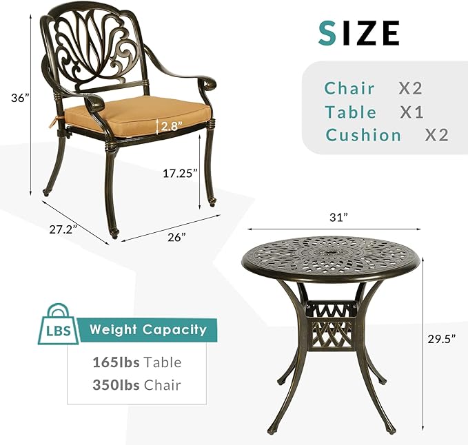 MEETWARM 3 Piece Patio Bistro Set, Outdoor All-Weather Cast Aluminum Dining Furniture Set Includes 2 Cushioned Chairs and a 31” Round Table with Umbrella Hole for Garden Deck