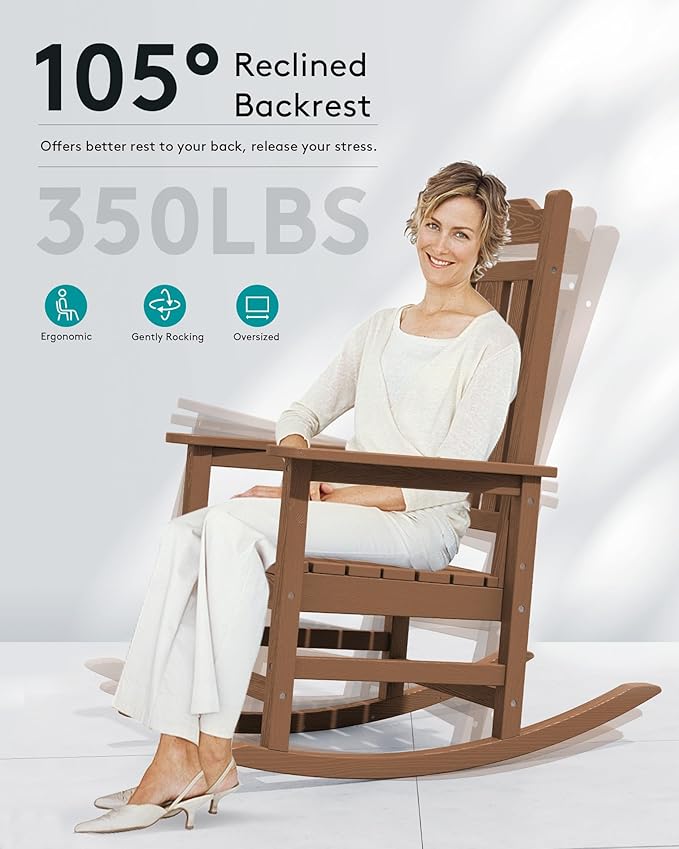 SERWALL Outdoor Rocking Chair Set of 6, Patio Rocking Chair Sets, HDPE Rocking Chair for Adults, Brown