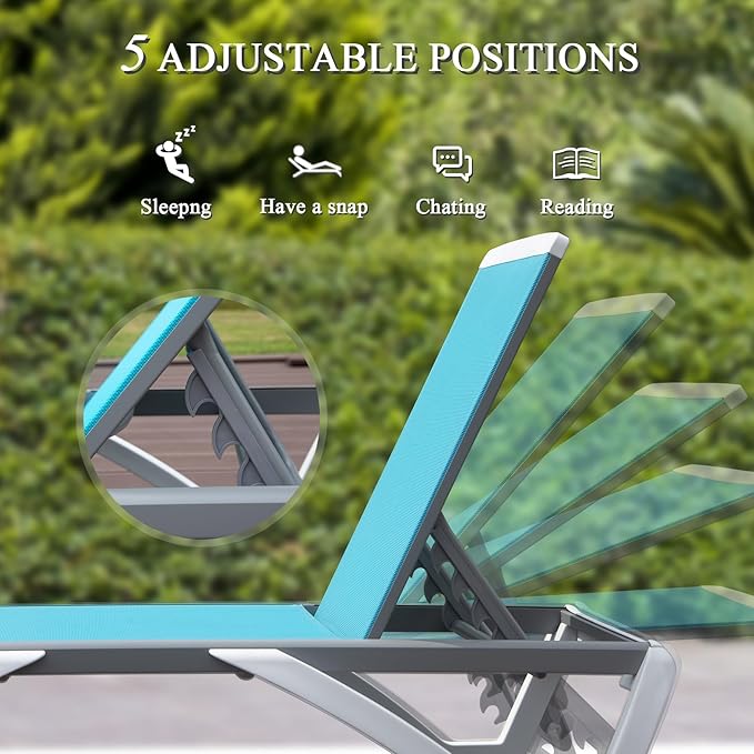 Domi Set of 4 Pool Lounge Chairs Aluminum Adjustable Outdoor Chaise Lounge,All Weather Plastic Poolside Lounge Chairs for Deck Lawn Backyard, Aqua Textilene