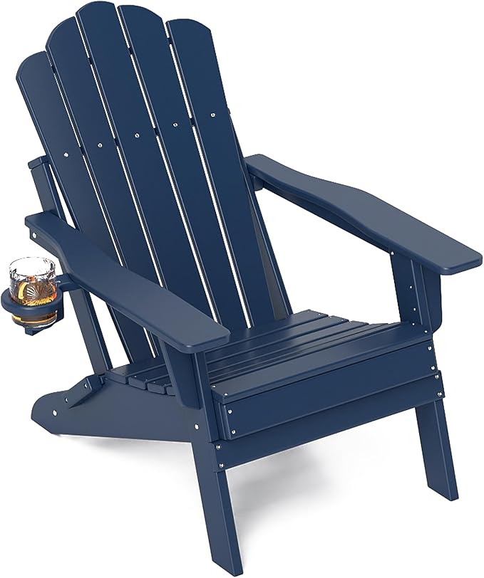 FOOWIN Adirondack Chair, Folding Adirondack Chair with Cup Holder, HDPE All-Weather Fire Pit Chair for Patio, Garden, Backyard, Poolside, Navy Blue