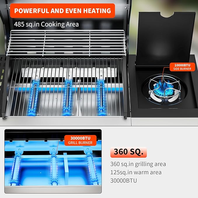 3-Burner Propane Gas BBQ Grill with Side Burner, 40,000 BTU Stainless Steel Gas Grill with Wheels and Storage,Outdoor cooking for Barbecue,Patio,Camping