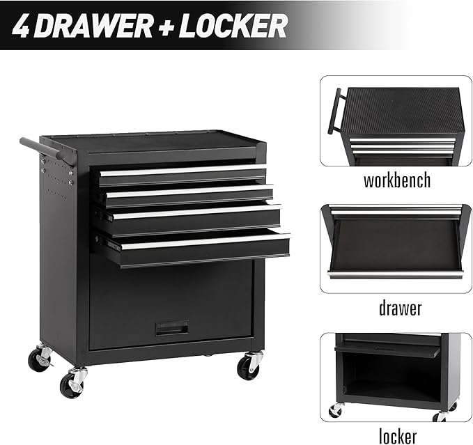4 Drawers Tool Cart on Wheels, Multifunctional Rolling Storage Tool Chest, Drawers Rolling Toolboxes Organizer Tool Case for Garage,Warehouse,Workshop,Repair Shop (4 Drawers 1 Cabinet - Black)