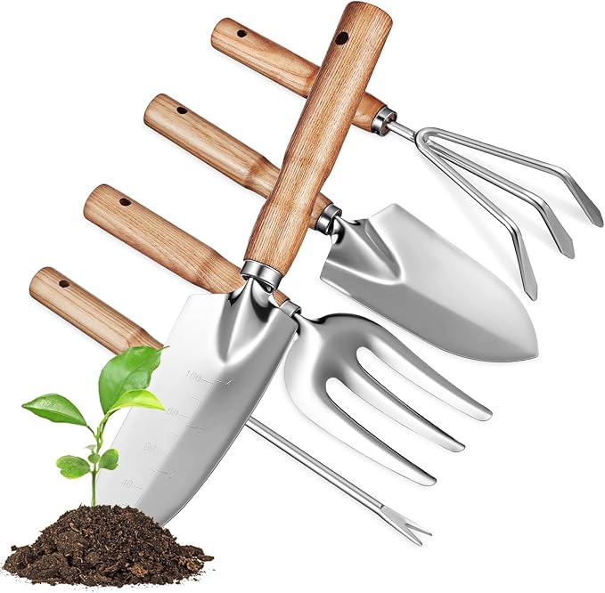 Kisangel Stainless Steel Gardening Tool Set with Ergonomic Ash Handles Multi-Functional Trowel Kit for Digging Planting and Pruning Rust-Resistant Garden Supplies Gift for Women and Adults