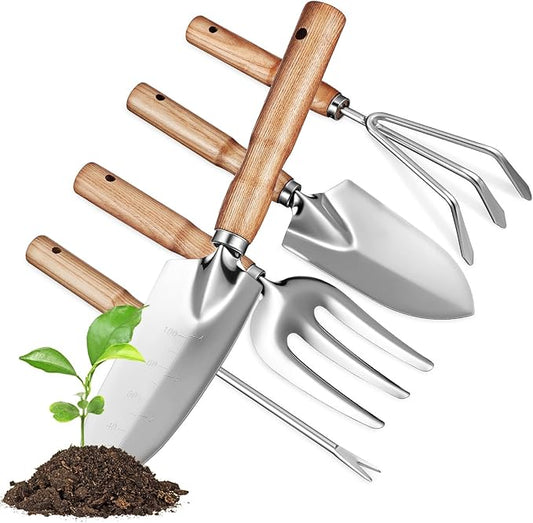Kisangel Stainless Steel Gardening Tool Set with Ergonomic Ash Handles Multi-Functional Trowel Kit for Digging Planting and Pruning Rust-Resistant Garden Supplies Gift for Women and Adults