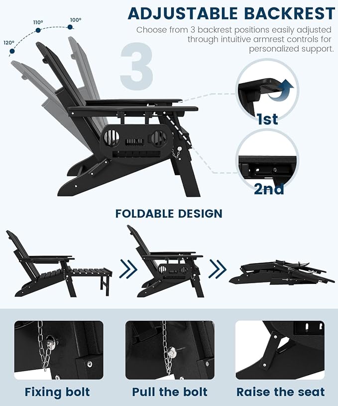FOOWIN Folding Adjustable Adirondack Chair with Retractable Ottoman,HDPE Adirondack Chair w/4 in 1 Cup Holder Trays,All-Weather Resistant Fire Pit Chair for Outdoor Patio Lawn, Black
