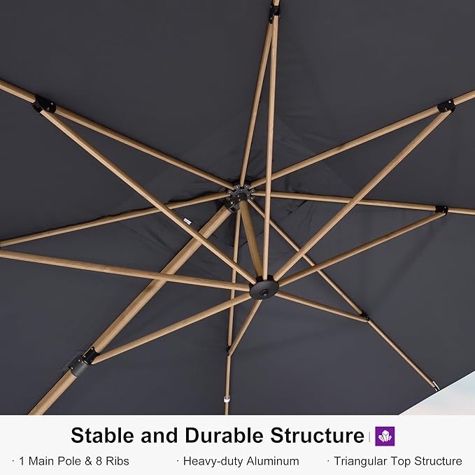PURPLE LEAF 12FT Patio Umbrella Square Cantilever Umbrella Teak Finished Aluminum Frame Large Windproof Offset Outdoor Sun Umbrellas for Beach Pool Deck, Grey