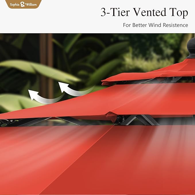 Sophia & William 10ft 3 Tier Auto-tilt Patio Umbrella, Outdoor Double Vented Umbrella with Crank, Orange Red
