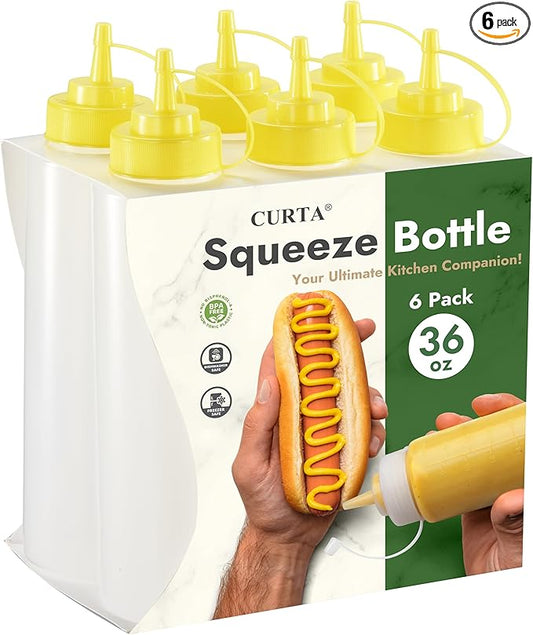 CURTA 6-Pack 36 oz Clear Squeeze Bottle with Cap, BPA-Free Easy-to-Squeeze Plastic Condiment Dispenser with oz & ml Markings for Sauce, Oil, Dressing, Dishwasher Safe, Yellow