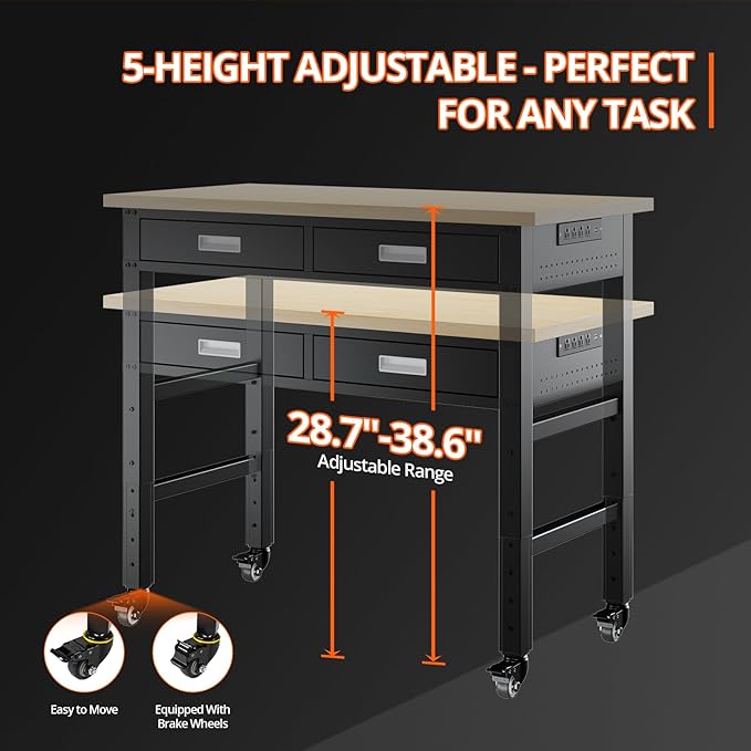 48" Heavy Duty Workbench with Power Outlets, Pegboard & Storage Drawers, 2000 LBS Capacity Rolling Work Table with Wheels, Hooks & Rack for Garage, Workshop, Office, Home