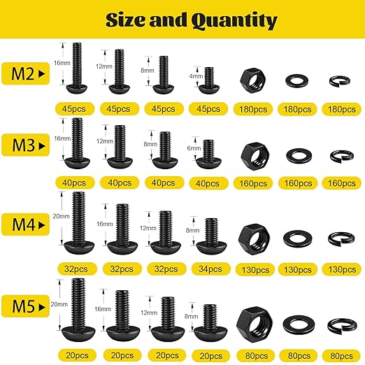 2200PCS M2 M3 M4 M5 Metric Screws Assortment Kit, Hex Socket Button Head Assorted kit, Machine Screw Set with Nuts & Washers,10.9 Alloy Steel Black Zinc Plated for 3D Printing