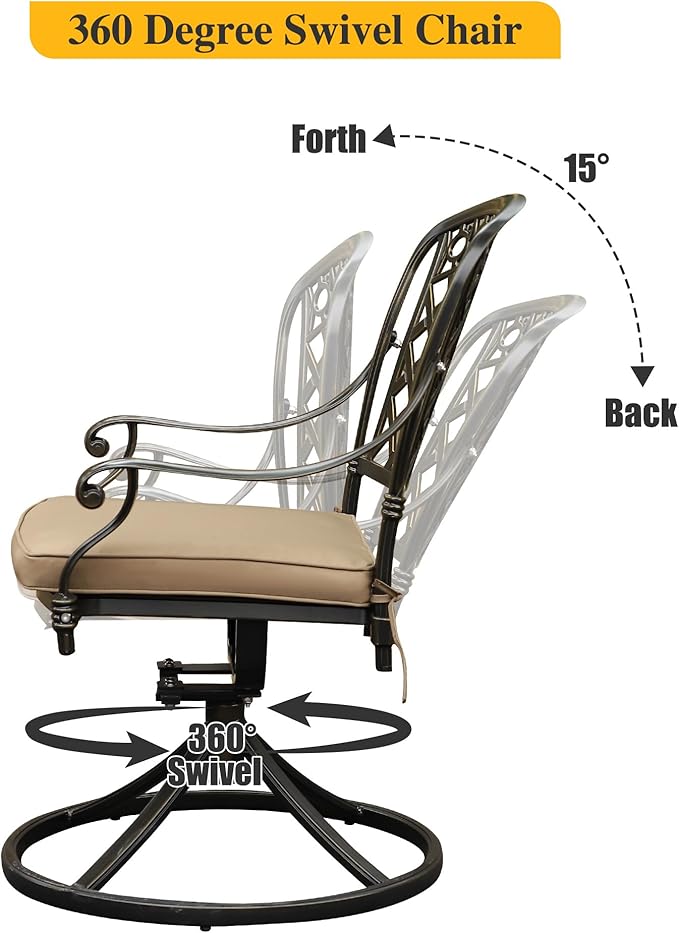 2 Piece Cast Aluminum Outdoor Swivel Dining Chairs, All-Weather Patio Swivel Rocker Chair Sets with Cushion for Garden, Backyard, Poolside, Bistro (Khaki, 2 Pieces)