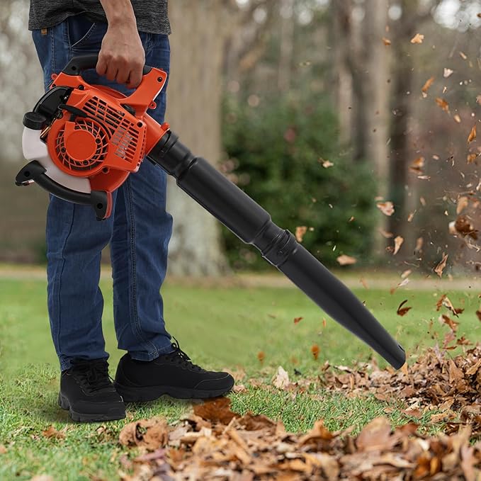 25.4cc Gas Leaf Blower Vacuum Mulcher, 2-in-1 Handheld Garden Leaf Blower, 2-Stroke 275CFM Yard Vacuum with Large Collection Bag for Lawn Yard Driveway Cleaning(Orange)