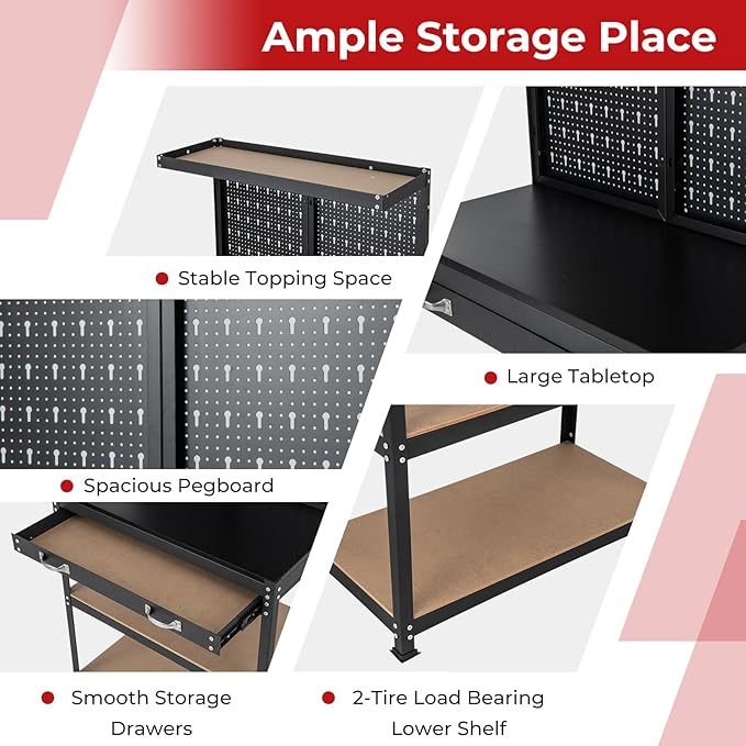 Goplus Workbench, Work Table with Drawer, Pegboard, Hanging Accessories, Topping Space, 4-Tier Heavy Duty Metal Tool Storage Bench, Work Benches for Garage, Workshop (Red, 32" x 16" with Drawer)