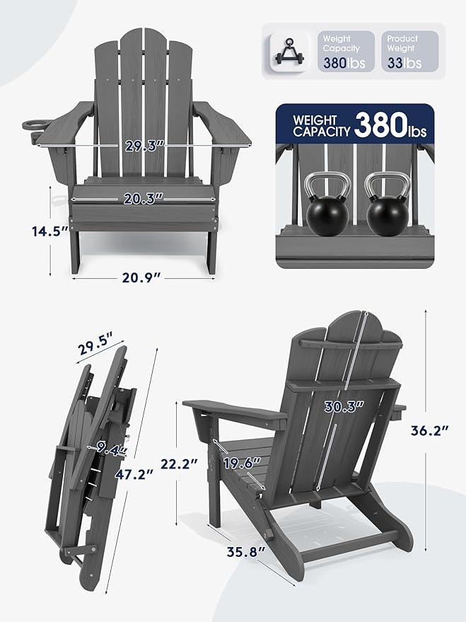 KINGYES 3-Position Adjustable Folding Adirondack Chair, Reclining Backrest Adironadck Chairs with Cup Holder, HDPE All-Weather Resistant Adirondack for Deck, Patio, Fire Pit, Grey