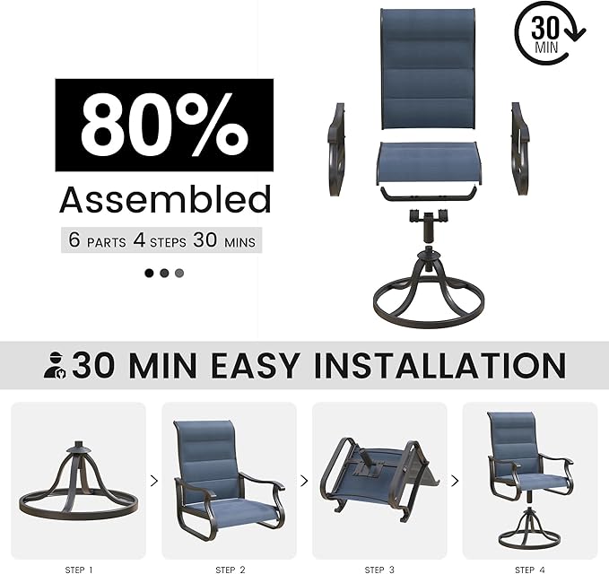 Patio Swivel Chairs Set of 2, Outdoor Dining Chairs with High Back, All-Weather Swivel Rocker Chair for Lawn, Porch or Garden (Padded Navy)