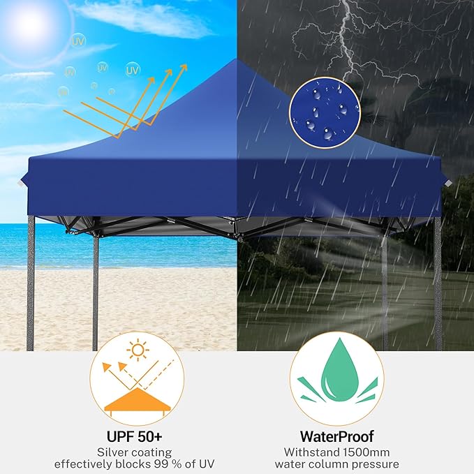 COBIZI 6.6x6.6 Heavy Duty Pop up Canopy Tent Without Sidewalls, Easy Set-up Commercial Outdoor Party Tent, 100% Waterproof Wedding Canopy Gazebo, 3 Height Adjustable with Carry Bag, Dark Blue