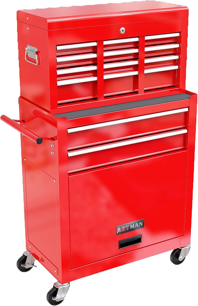 8 Drawers Rolling Tool Box Organizer,High Capacity Tool Chest with Wheels,Lockable Rolling Tool Chest with Bottom Cabinet, Tool Box Rolling Workshop Storage Cabinet (8 Drawers(Red))