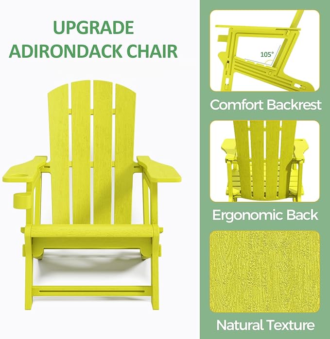 Adirondack Chairs Set of 6,Adirondack Chair with Cup Holders,Wooden Textured Plastic Fire Pit Chair,All-Weather Outdoor Patio Chairs for Lawn,Backyard Deck, Porch,400LBS Heavy-Duty,Yellow