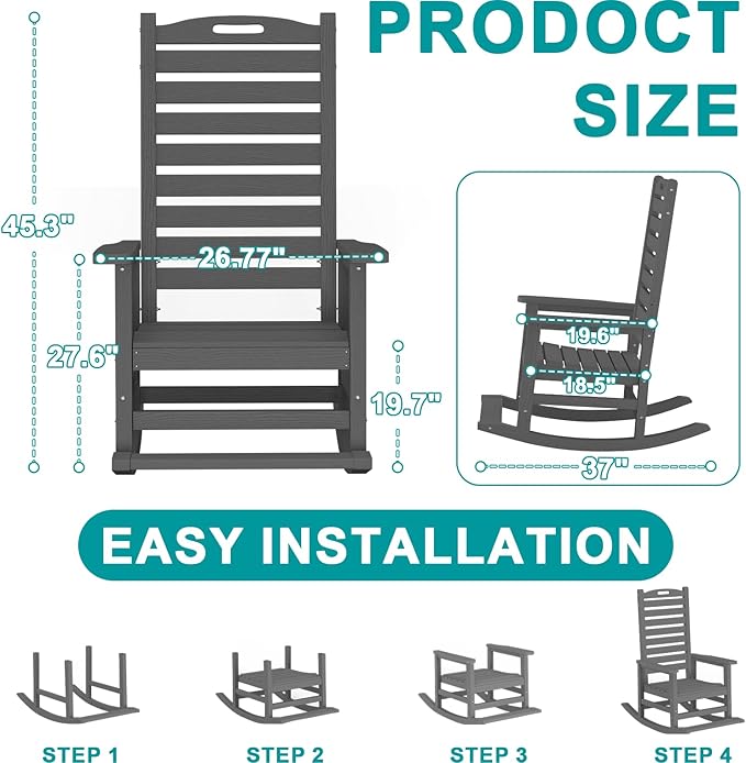 Outdoor Rocking Chair Set of 8 with Removable Footboard for Adults, HDPE High Back Patio Rocking Chairs, 330lbs All Weather Porch Rocking Chairs for Outdoor & Indoor -Grey