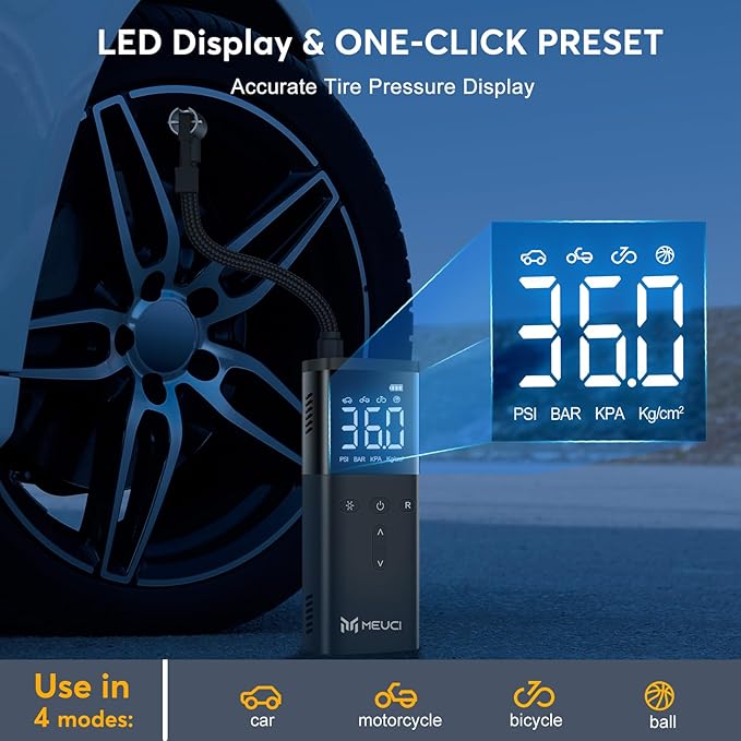 Tire Inflator Portable Air Compressor - Fast Cordless Air Pump for Car Tires, 150 PSI Electric Bike Tire Pump with LED Light & Digital Pressure Gauge for Motorcycle, Bicycle, Auto & Balls