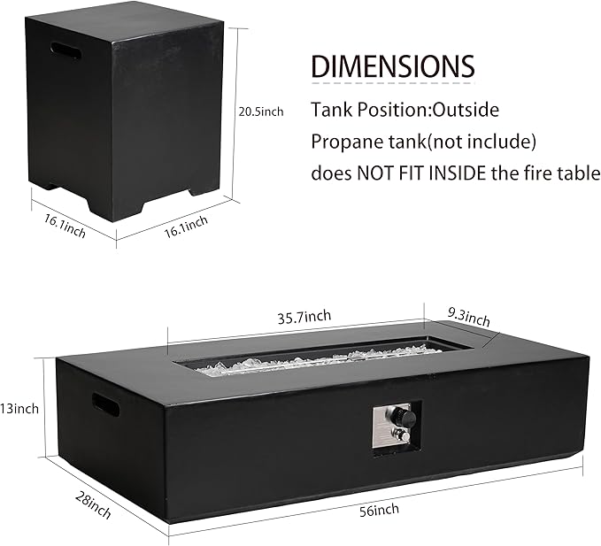 NAGA HABNA 56 Inch Propane Fire Pit Table, Outdoor Rectangle Fire Table w Tank Table (50,000 BTU), 2 Piece Gas Fire Pit in Black w White Fire Glass for Garden, Pool, Backyard