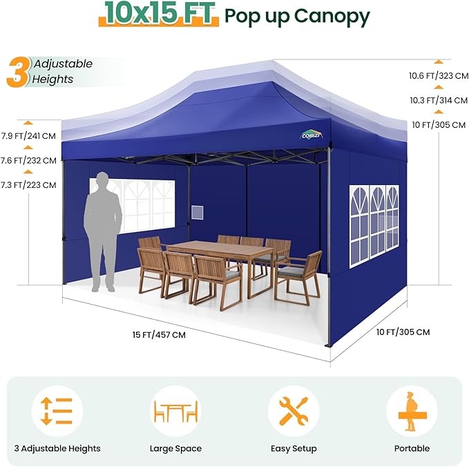 COBIZI 10x15 FT Heavy Duty Pop up Canopy with 4 Removable Sidewalls, Easy up Gazebo High Stability, All Weather Sunshade 100% Waterproof Outdoor Canopy Tents with Carry Bag, Dark Blue