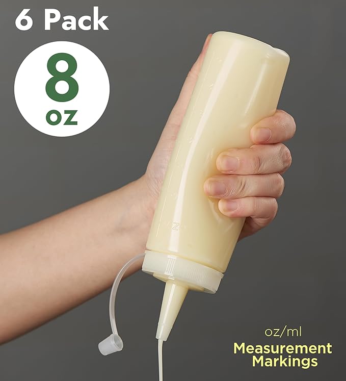 CURTA 6-Pack 8 oz Clear Squeeze Bottle with Cap, BPA-Free Easy-to-Squeeze Plastic Condiment Dispenser with oz & ml Markings for Sauce, Oil, Dressing, Dishwasher Safe, White