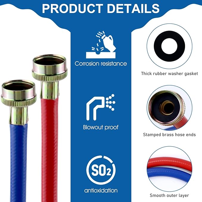 Washer Hoses 4FT,Rubber Washing Machine Hoses 3/4 Washer Machine Hoses 2 packs,Burst Proof Water Supply Lines for Hot and Cold Washer Water Hoses,Universal for All Standard Wash Machines-by MIFLUS