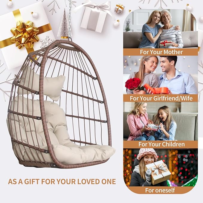 Nicesoul Outdoor Hanging Egg Chair Without Stand, Patio Wicker Swing Egg Basket Chairs with Padded Cushions, 350 Lbs Ceiling Tree Swinging Egg-Shaped Chair No Stand for Indoor Bedroom Porch, Brown