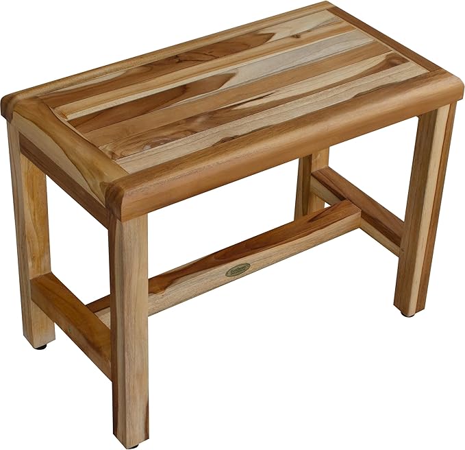 EcoDecors Eleganto 24 Inch Natural Color Waterproof Teak Wood Shower Bench Stool Seat Chair For Inside Shower Provides Safety, Storage, and Organization For Bathroom Accessories