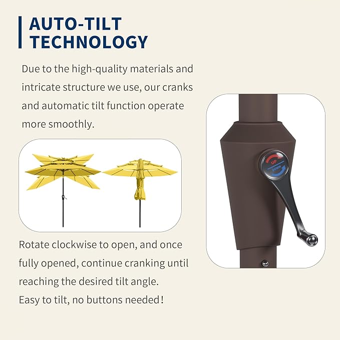 9FT 3 Tiers Patio Umbrella With Auto Tilt and Crank, Outdoor Table Market Umbrella with 8 Sturdy Ribs for Garden,Lawn,Deck,Backyard and Pool,Yellow