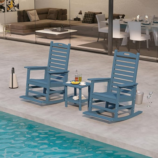Outdoor Rocking Chairs Set of 2 with Footrest & Side Table, HDPE Modern Rocking Lawn Chair for Garden, Poolside, Deck (Navy Blue)
